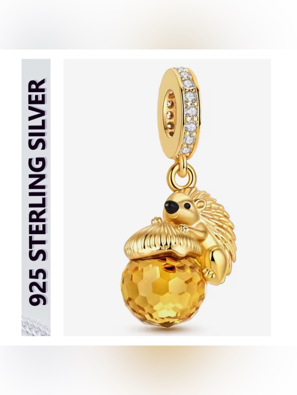 🌟🌟 14K  Gold Plated Hedgehog Charm with Yellow Citrine Acorn